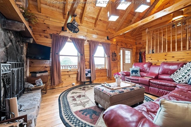 510 Shamrock Dr, Union, WV 26833 - living area with hardwood / wood-style floors, wooden ceiling, vaulted ceiling with beams, and wooden walls