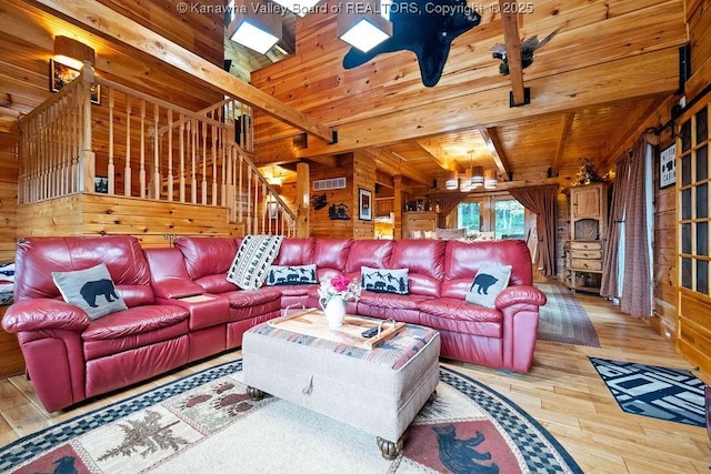 510 Shamrock Dr, Union, WV 26833 - living area featuring wood finished floors, wooden ceiling, wood walls, and stairway