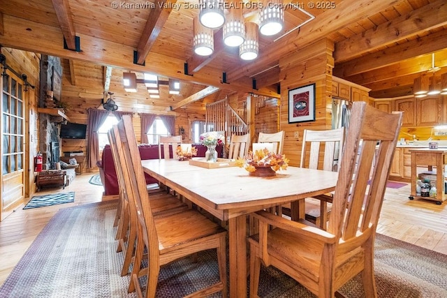 510 Shamrock Dr, Union, WV 26833 - dining space featuring wooden ceiling, wood walls, and light wood-style floors