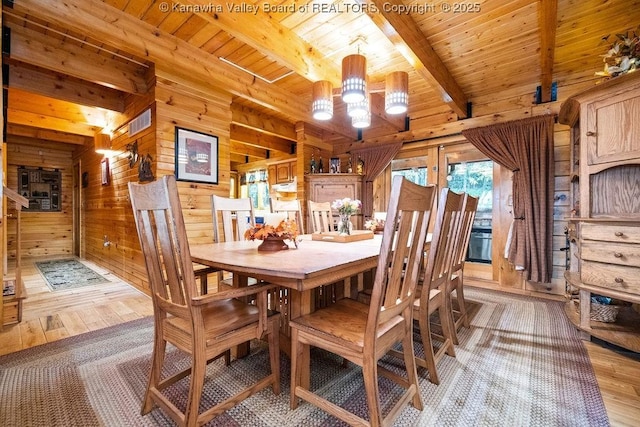 510 Shamrock Dr, Union, WV 26833 - dining space with a chandelier, wooden walls, light wood-type flooring, visible vents, and beamed ceiling