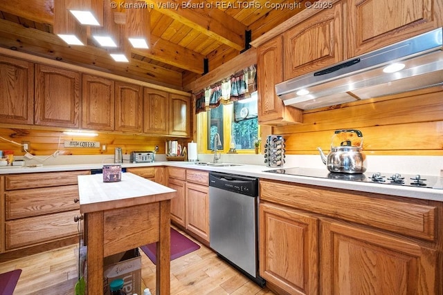 510 Shamrock Dr, Union, WV 26833 - kitchen featuring beam ceiling, stainless steel dishwasher, under cabinet range hood, wood counters, and light wood-style floors