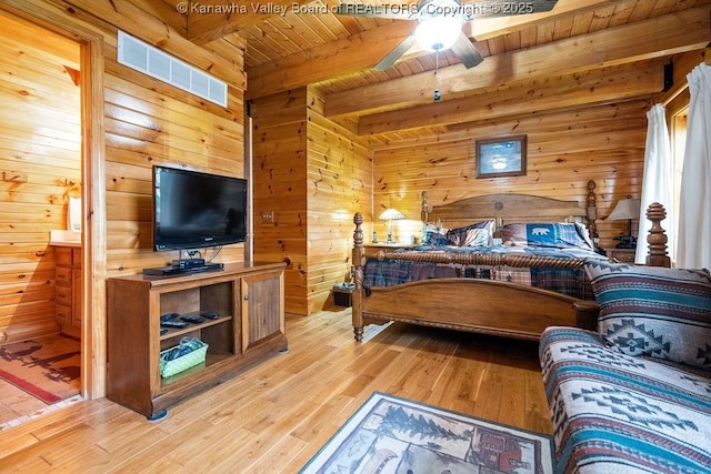 510 Shamrock Dr, Union, WV 26833 - bedroom with wood walls, wooden ceiling, beamed ceiling, visible vents, and light wood-style flooring
