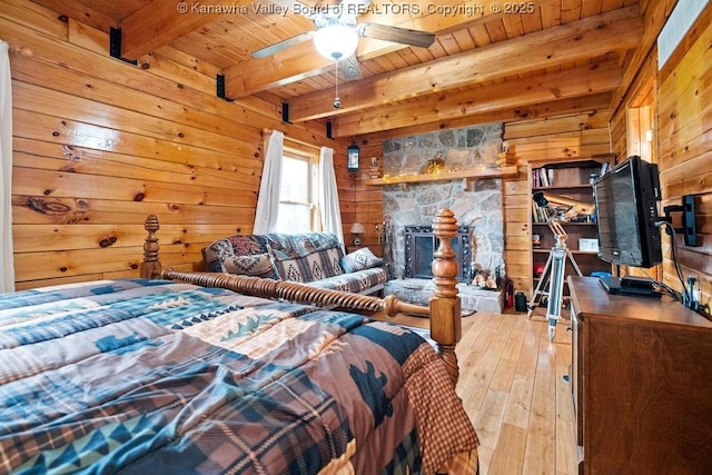 510 Shamrock Dr, Union, WV 26833 - bedroom featuring wooden ceiling, beamed ceiling, wood finished floors, and wooden walls