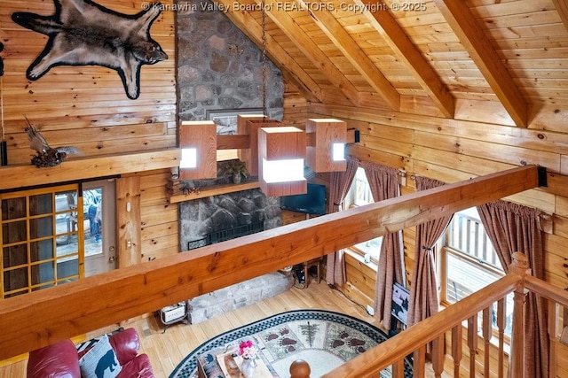 510 Shamrock Dr, Union, WV 26833 - interior space with hardwood / wood-style floors, wood ceiling, wooden walls, and beamed ceiling