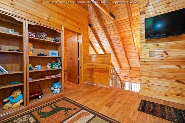 510 Shamrock Dr, Union, WV 26833 - interior space with beamed ceiling, wooden ceiling, wood walls, and hardwood / wood-style floors
