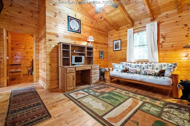 510 Shamrock Dr, Union, WV 26833 - living room with high vaulted ceiling, wood ceiling, wooden walls, light wood-type flooring, and beamed ceiling