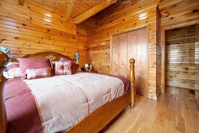 510 Shamrock Dr, Union, WV 26833 - bedroom featuring wooden ceiling, wood walls, beam ceiling, and hardwood / wood-style flooring
