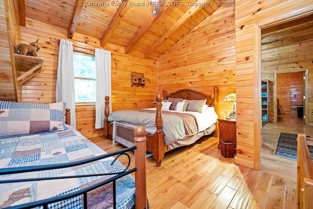 510 Shamrock Dr, Union, WV 26833 - bedroom featuring hardwood / wood-style floors, vaulted ceiling with beams, wood walls, and wooden ceiling