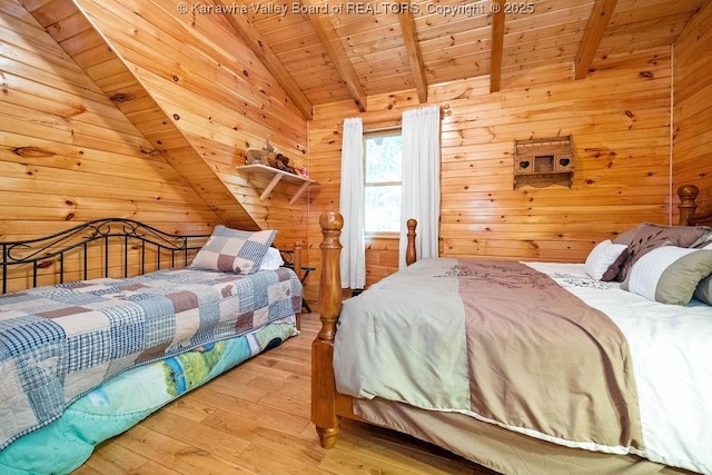 510 Shamrock Dr, Union, WV 26833 - bedroom featuring wood ceiling, lofted ceiling with beams, wooden walls, and wood finished floors