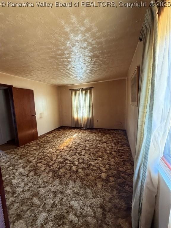 interior space featuring carpet flooring and a textured ceiling