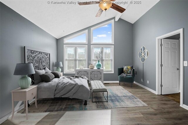 25 Lilly Hls, South Charleston, WV 25309 - bedroom with baseboards, beamed ceiling, wood finished floors, ceiling fan, and high vaulted ceiling