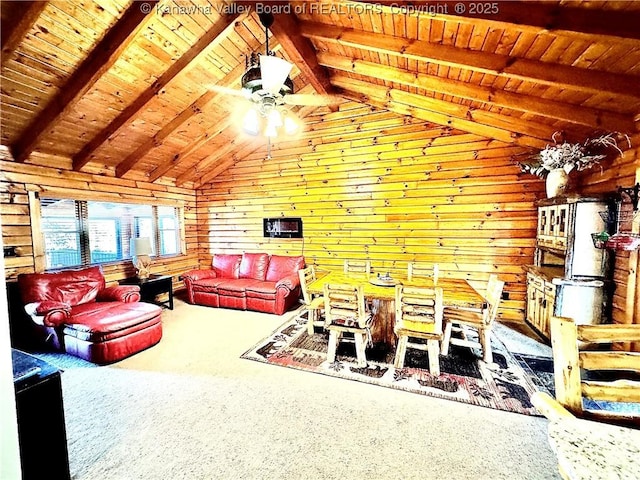 carpeted living area featuring wood walls, ceiling fan, wood ceiling, and lofted ceiling with beams