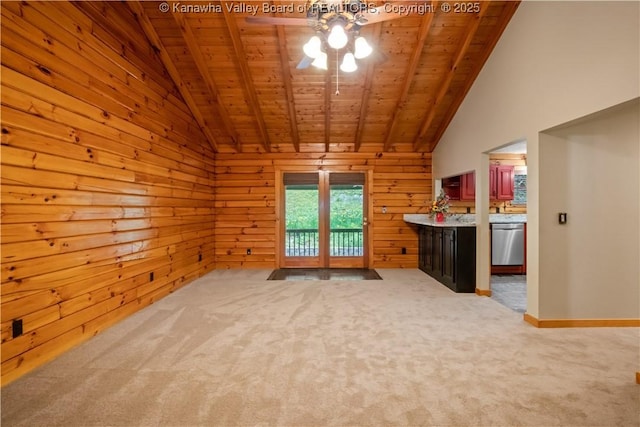 23 Mindia Ln, Alum Creek, WV 25003 - carpeted empty room featuring wood ceiling, ceiling fan, lofted ceiling, wooden walls, and baseboards