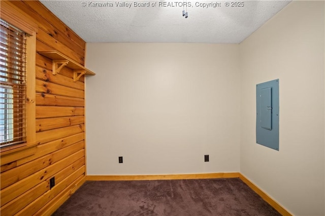 23 Mindia Ln, Alum Creek, WV 25003 - empty room featuring carpet, electric panel, a textured ceiling, baseboards, and wood walls