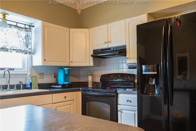 120 Rosewood Dr, Hurricane, WV 25526 - kitchen featuring black appliances, under cabinet range hood, white cabinets, backsplash, and crown molding