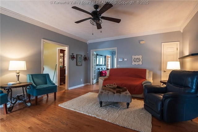 120 Rosewood Dr, Hurricane, WV 25526 - living room featuring ornamental molding, wood finished floors, a ceiling fan, and baseboards