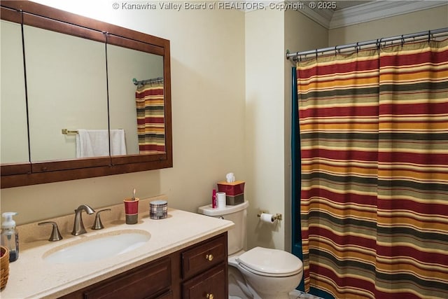 120 Rosewood Dr, Hurricane, WV 25526 - bathroom featuring toilet, vanity, crown molding, and a shower with curtain
