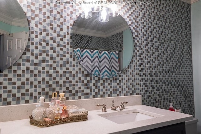 120 Rosewood Dr, Hurricane, WV 25526 - bathroom with vanity, crown molding, and tile walls