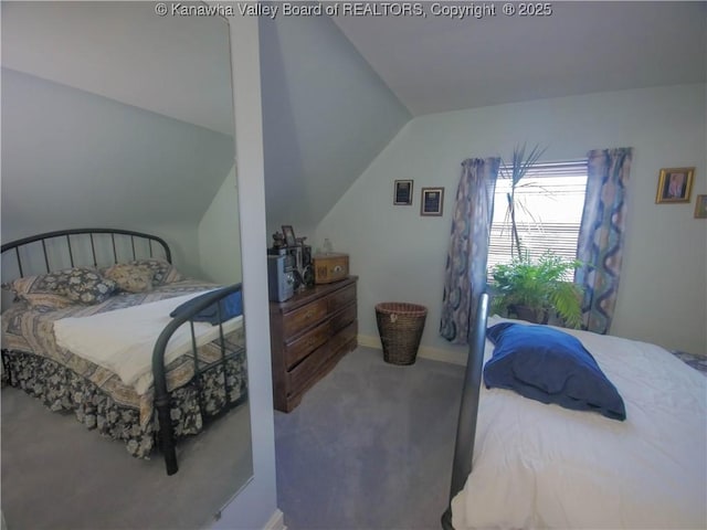 carpeted bedroom with baseboards and lofted ceiling