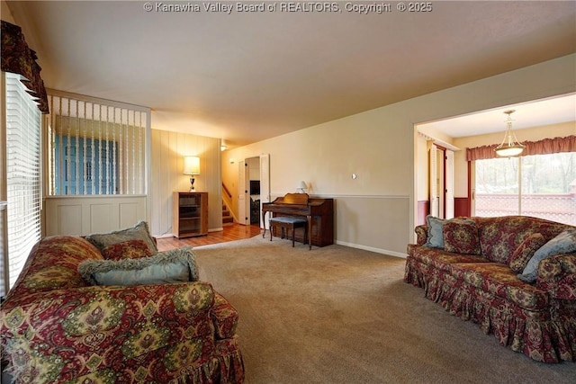 906 Hughes Dr, Saint Albans, WV 25177 - living room featuring carpet floors, baseboards, and stairway