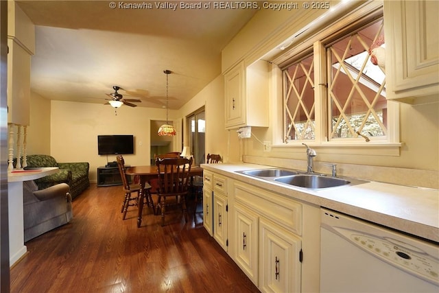 906 Hughes Dr, Saint Albans, WV 25177 - kitchen featuring white dishwasher, a sink, light countertops, a ceiling fan, and dark wood-style floors