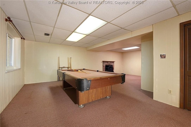 906 Hughes Dr, Saint Albans, WV 25177 - playroom with visible vents, carpet flooring, a fireplace, a drop ceiling, and pool table