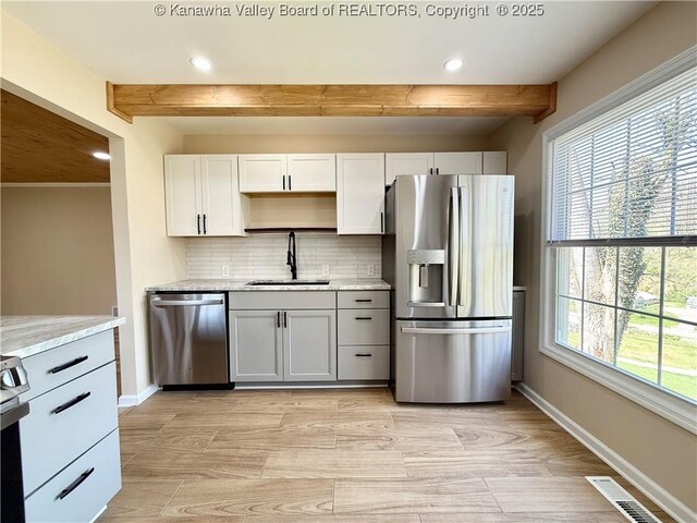 219 Westmoreland Dr, Dunbar, WV 25064 - kitchen with a sink, backsplash, beam ceiling, and stainless steel appliances