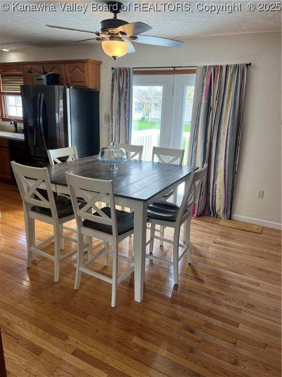 dining space featuring plenty of natural light, light wood-type flooring, and a textured ceiling