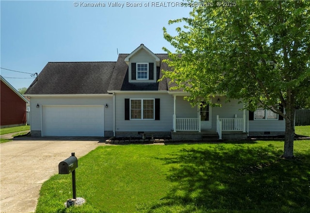 cape cod house with an attached garage, concrete driveway, a porch, and a front yard