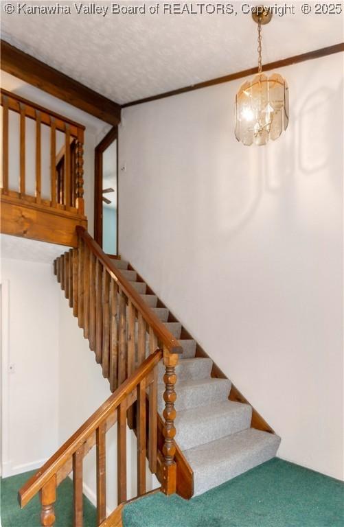 stairway with an inviting chandelier and carpet