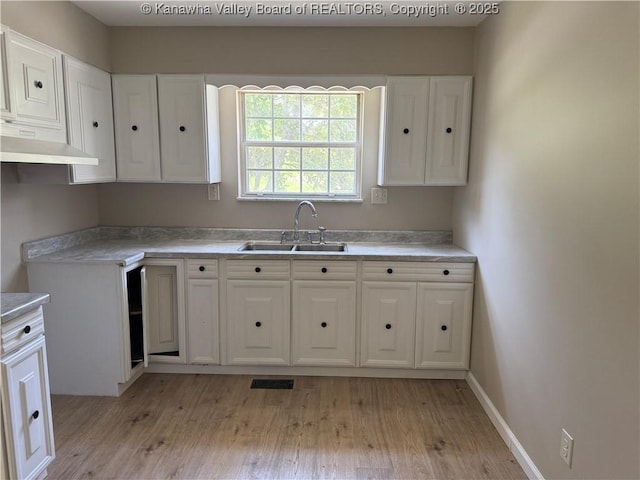 1651 Glenwood Rd, Milton, WV 25541 - kitchen featuring under cabinet range hood, light wood-style floors, white cabinetry, and a sink