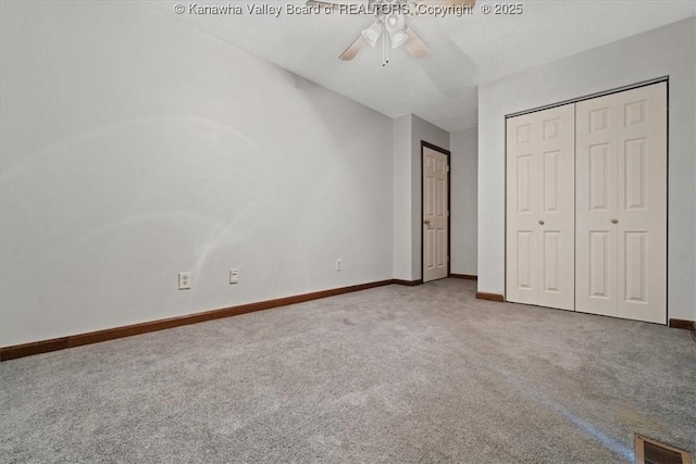 141 Wedgewood Rd, Ravenswood, WV 26164 - unfurnished bedroom with visible vents, baseboards, a closet, a ceiling fan, and carpet