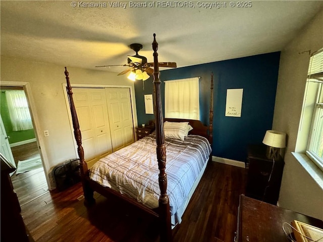 109 Cedar Ln, Saint Albans, WV 25177 - bedroom with baseboards, a ceiling fan, wood finished floors, and a closet