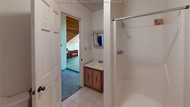 83 Lakeview Dr, Nitro, WV 25143 - bathroom with vanity, tile patterned flooring, and a shower with shower curtain