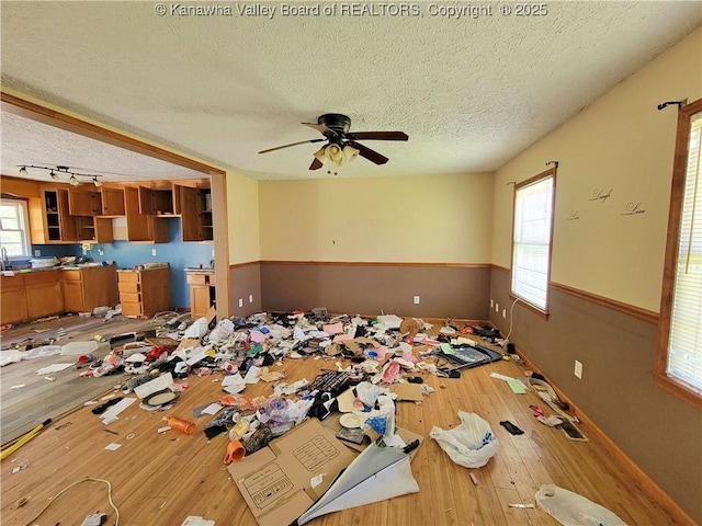 interior space featuring a ceiling fan, wood-type flooring, a healthy amount of sunlight, and a textured ceiling