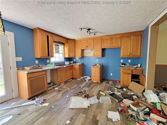 kitchen featuring wood finished floors, a textured ceiling, and a sink
