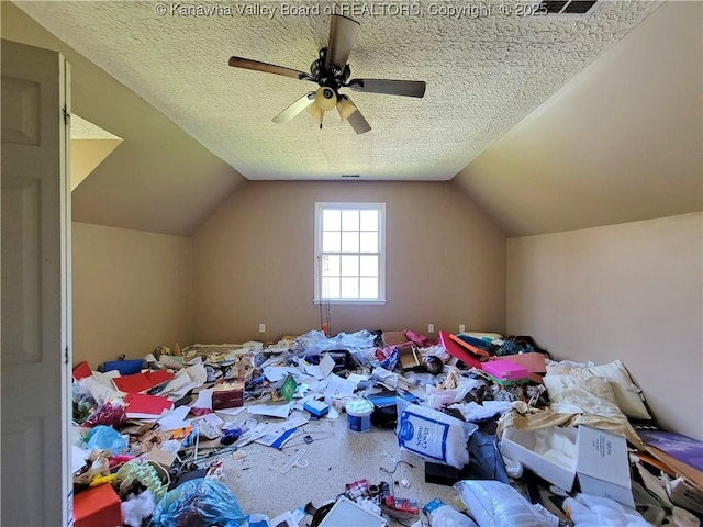 additional living space featuring lofted ceiling, a textured ceiling, and ceiling fan