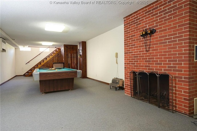 1055 Highland Dr, Saint Albans, WV 25177 - rec room with baseboards, a brick fireplace, carpet flooring, and pool table