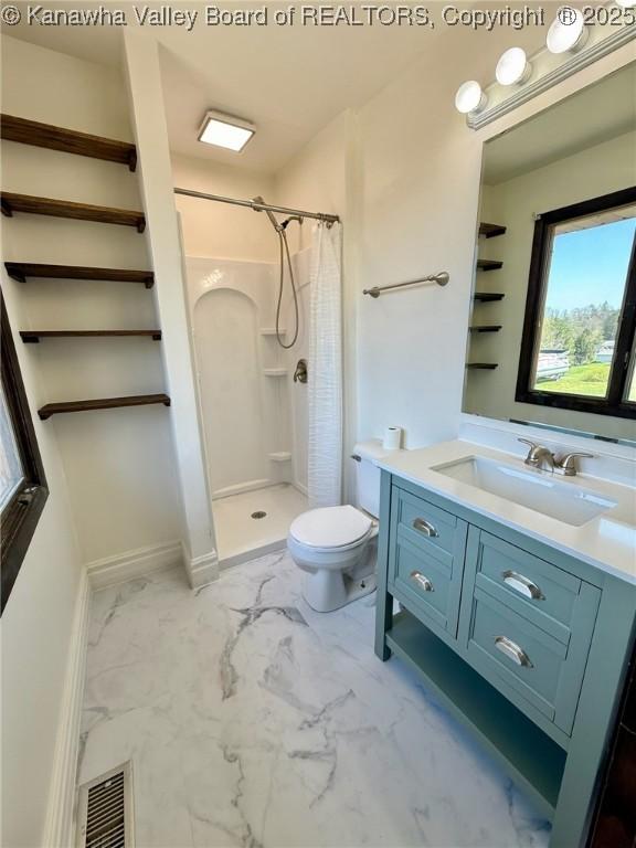 full bathroom with marble finish floor, visible vents, toilet, vanity, and a shower with curtain