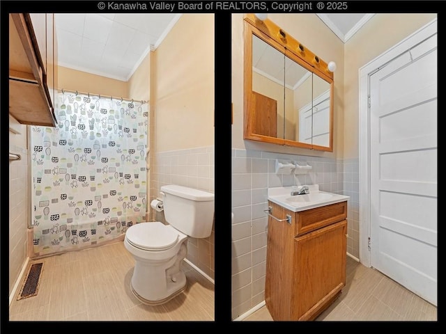 full bath with tile walls, visible vents, crown molding, and toilet