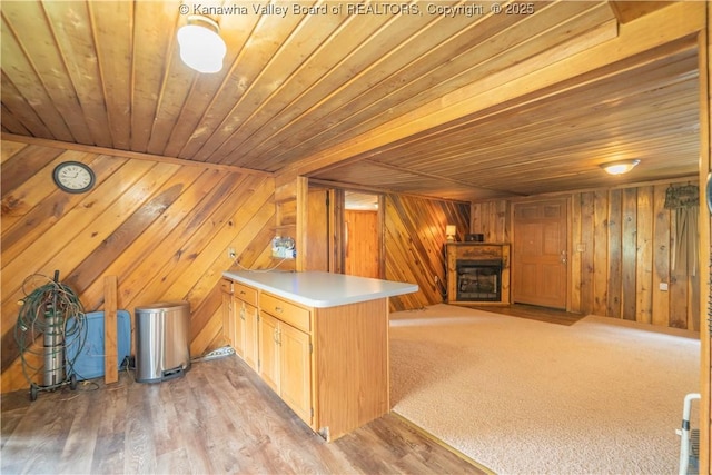 interior space with a fireplace, wooden walls, and wood ceiling