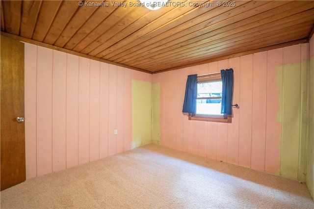 carpeted spare room with wood walls and wooden ceiling