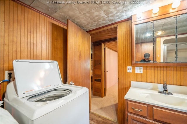 laundry area featuring wood walls, a sink, laundry area, and washer / clothes dryer