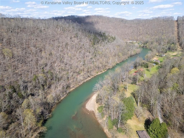 birds eye view of property with a wooded view and a water view