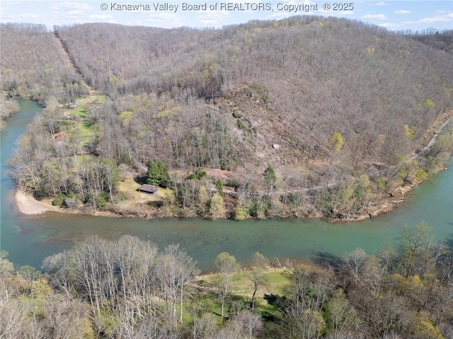 birds eye view of property with a water and mountain view and a wooded view