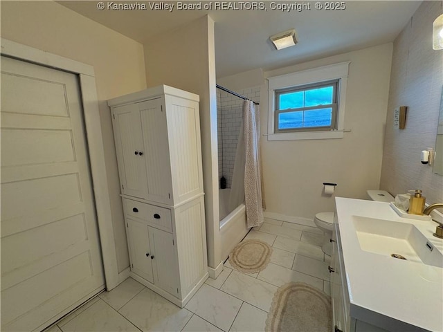 2206 Jefferson Ave, Point Pleasant, WV 25550 - bathroom featuring shower / bath combo, vanity, marble finish floor, baseboards, and toilet