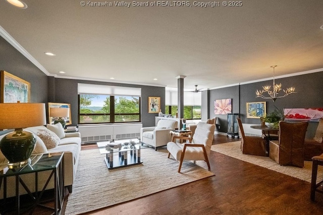 1578 Kanawha Blvd Unit 7C, Charleston, WV 25311 - living area with ornamental molding, a chandelier, wood finished floors, and recessed lighting