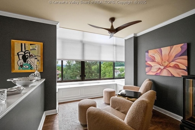 1578 Kanawha Blvd Unit 7C, Charleston, WV 25311 - living area with crown molding, wood finished floors, and a ceiling fan