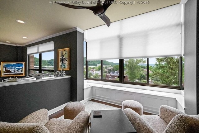 1578 Kanawha Blvd Unit 7C, Charleston, WV 25311 - sitting room featuring crown molding, plenty of natural light, recessed lighting, wood finished floors, and a ceiling fan