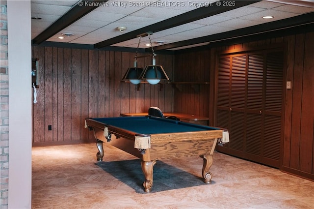 207 Mckinley Ave, Charleston, WV 25314 - recreation room with baseboards, wood walls, pool table, and beamed ceiling